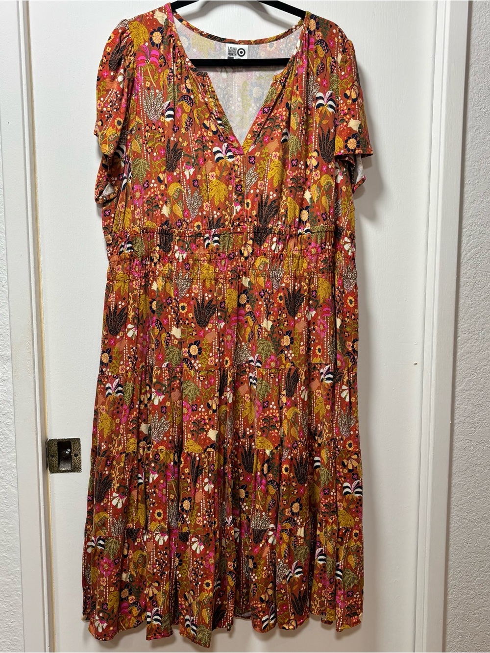 Latino Heritage Flutter Sleeve V-Neck Floral Midi Dress in Rust—Size XL